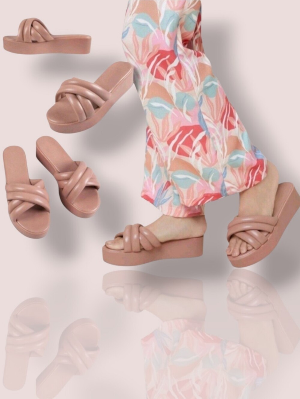 Women's Dusty Pink Vegan Learher Padded Slip-On Platform Sandals